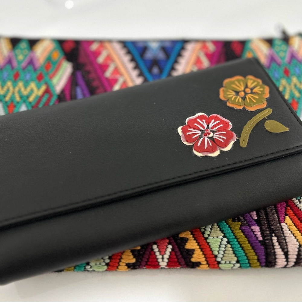 Black Floral Women's Clutch Wallet and matching Cosmetic Pouch